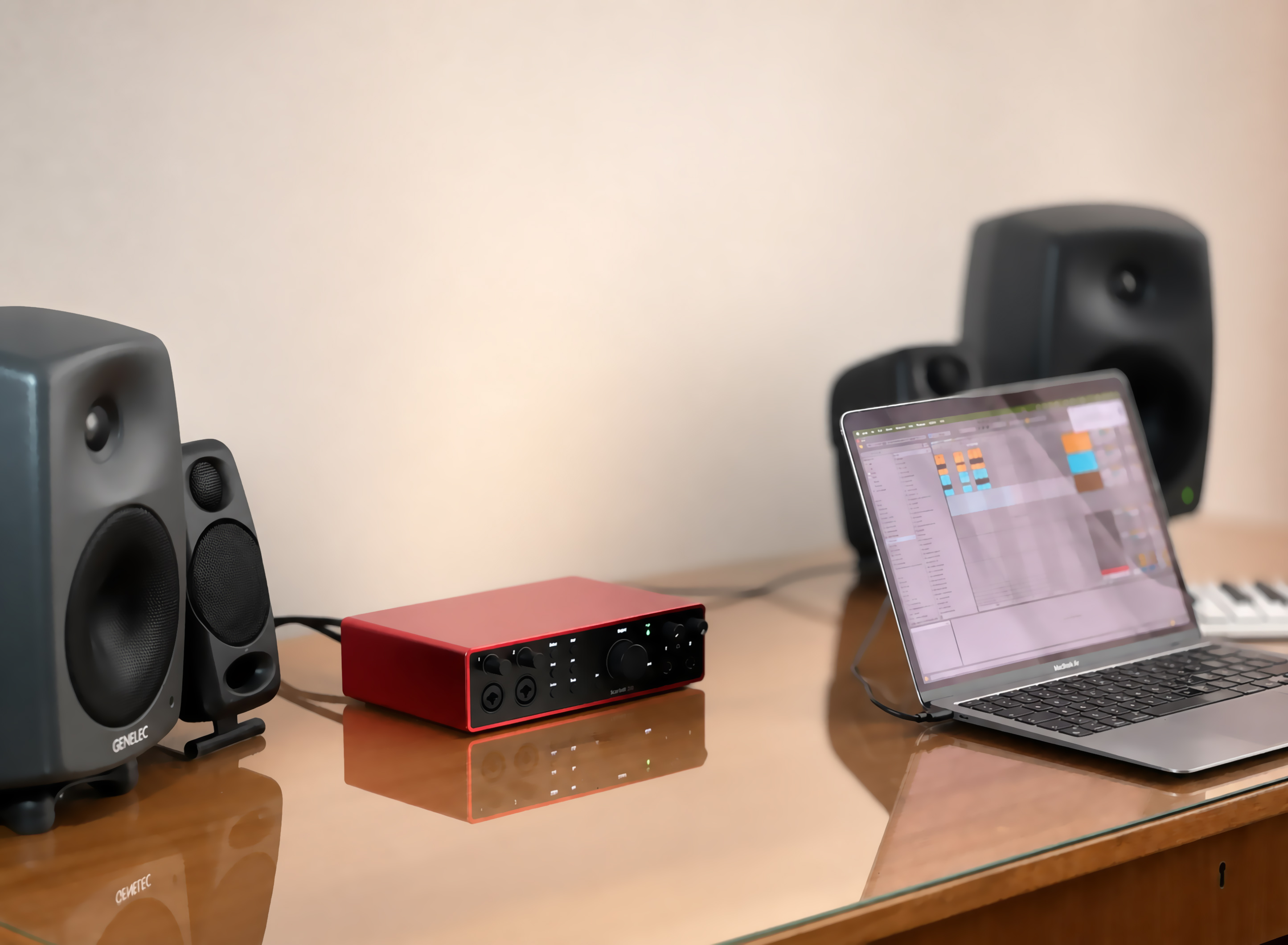Focusrite Scarlett 16i16 4th Gen connected to a MacBook Air in the VolumeKeys studio test setup