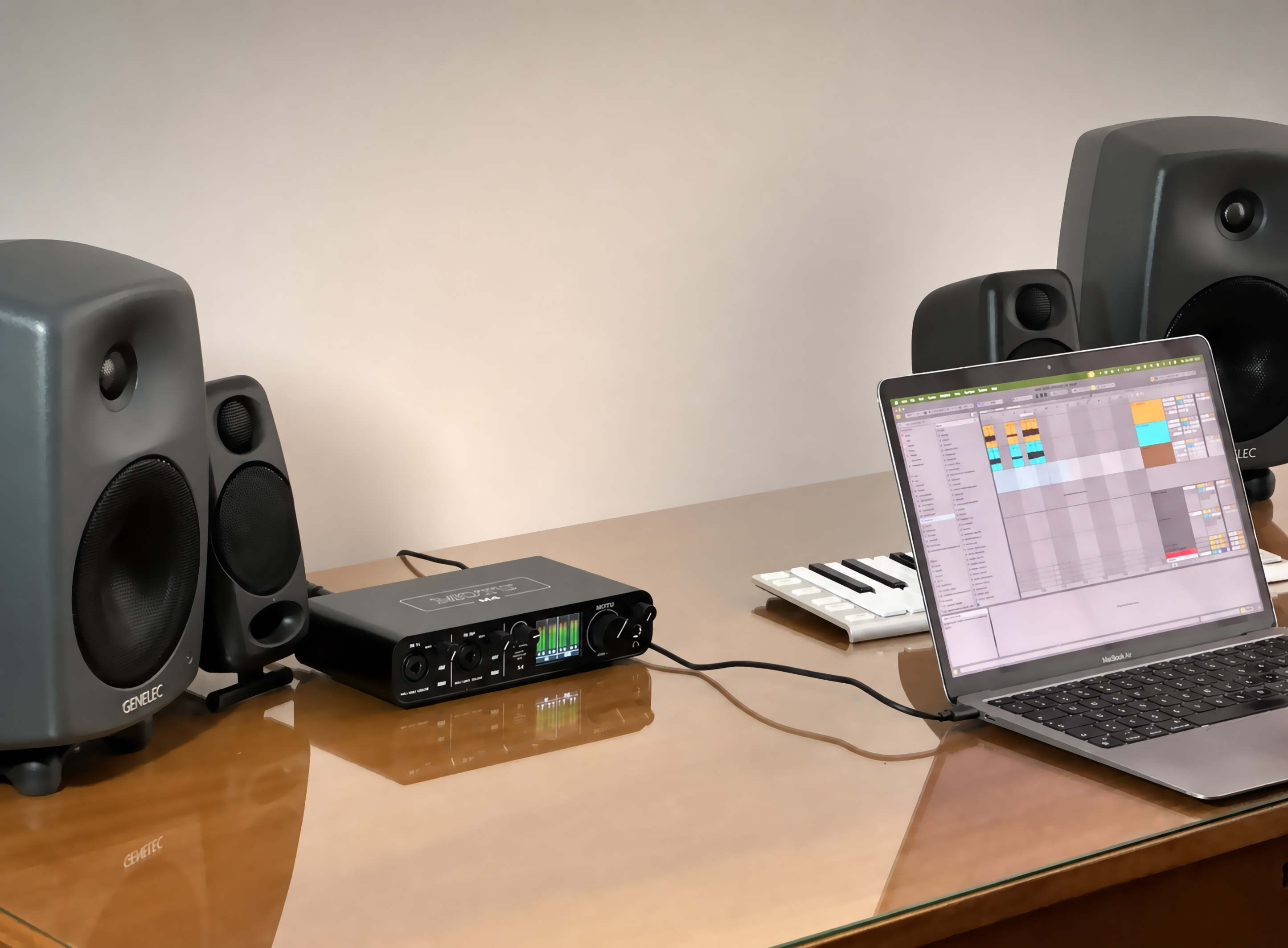 MOTU M4 connected to a MacBook Air in the VolumeKeys studio test setup
