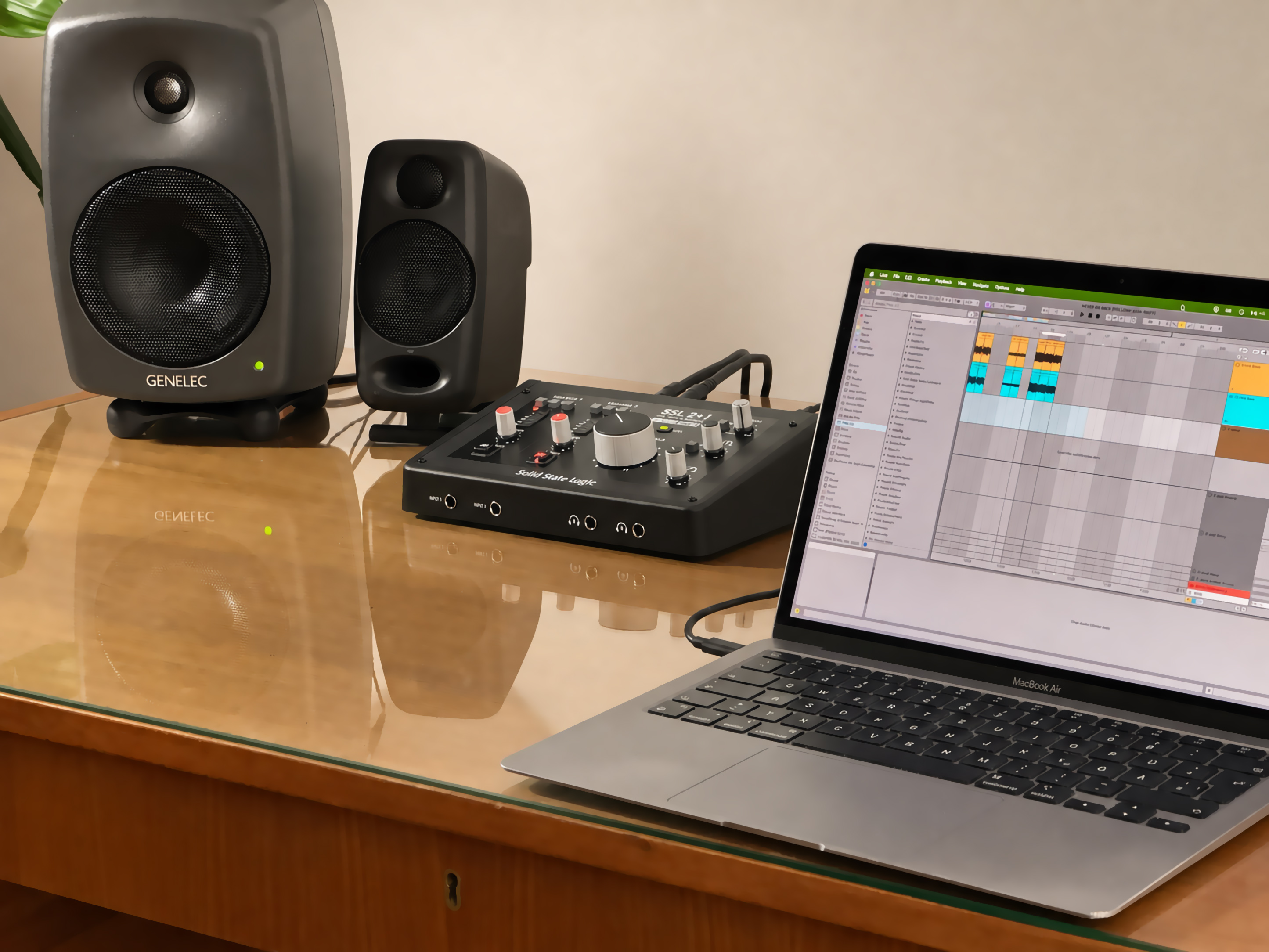 SSL 2+ MKII connected to a MacBook Air in the VolumeKeys studio test setup