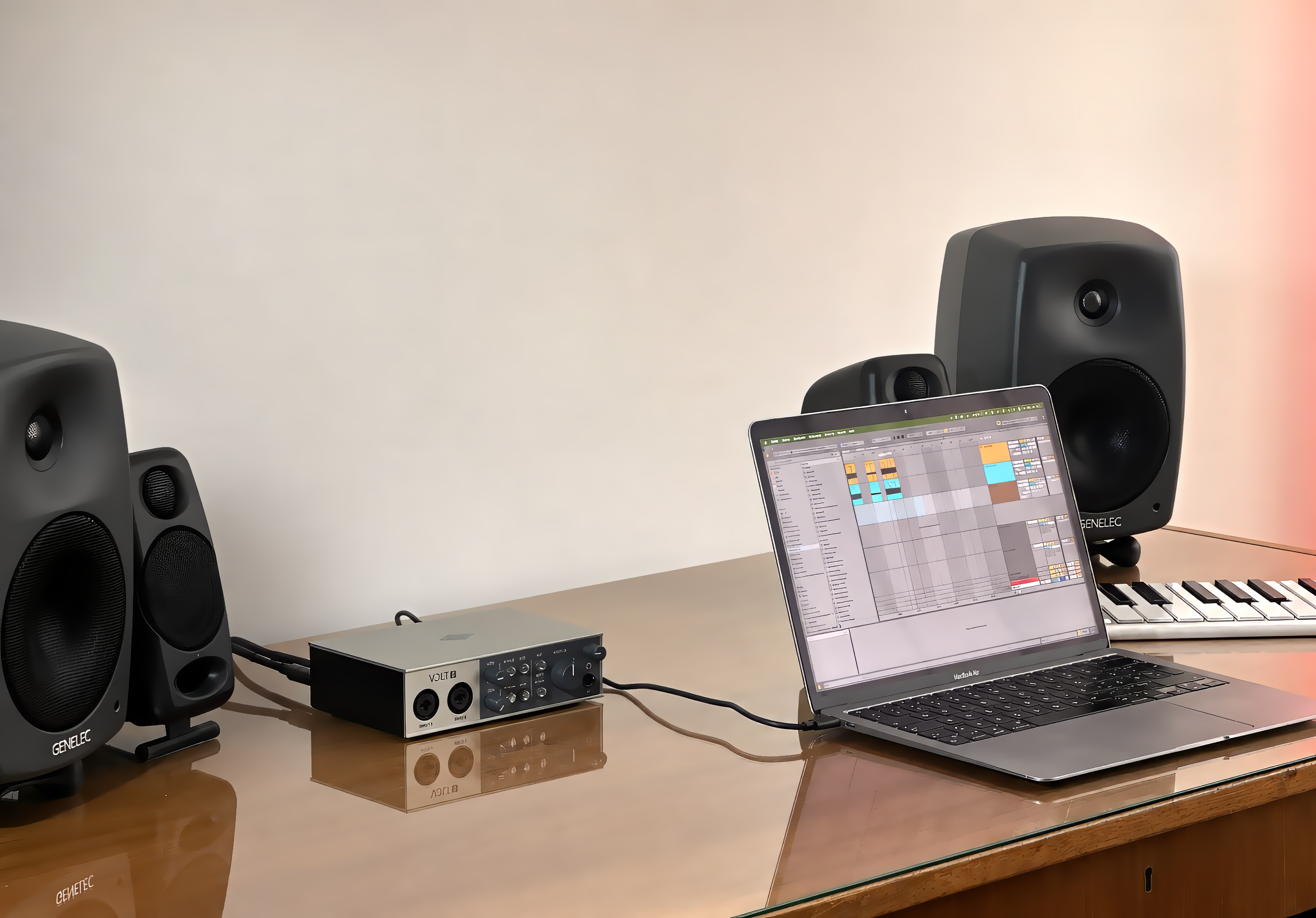 Universal Audio Volt 2 connected to a MacBook Air in the VolumeKeys studio test setup