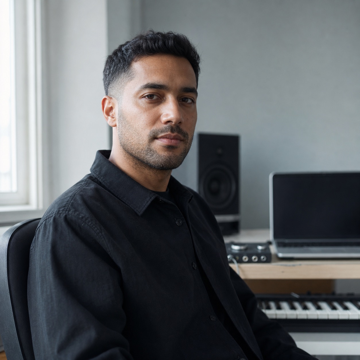 Songwriter at a Mac-based recording setup