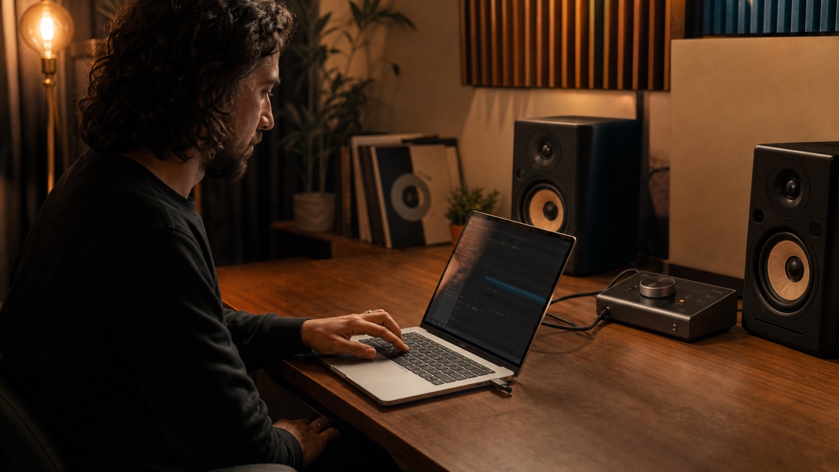 Music producer using the volume keys on a laptop in a warm home studio with an audio interface and studio speakers.